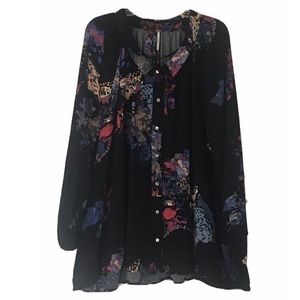 Free People Meadow Lark Black Floral Tunic Top